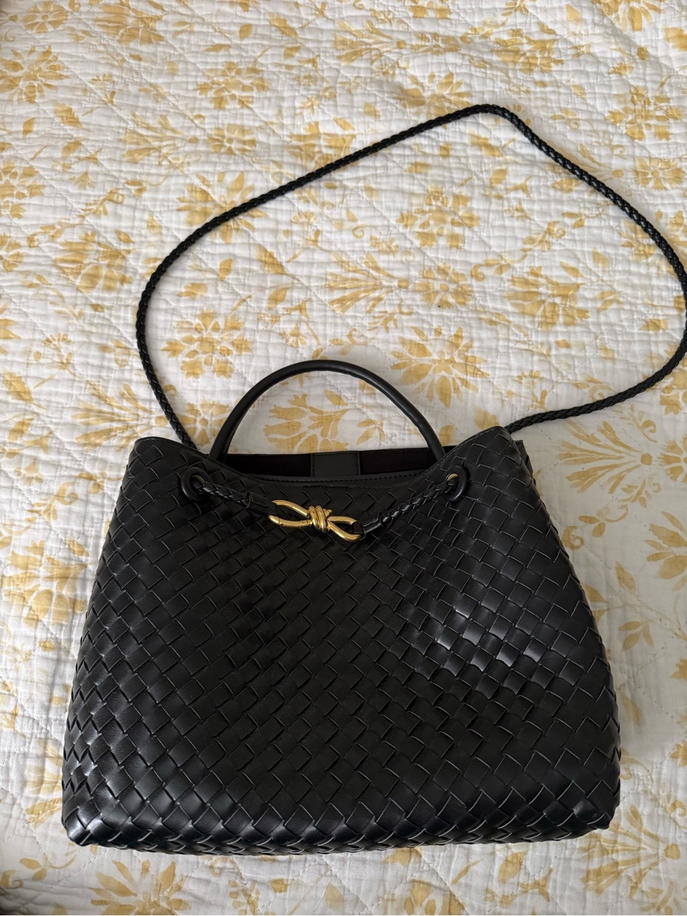 Black Woven Leather Shoulder Bag with Gold Accent